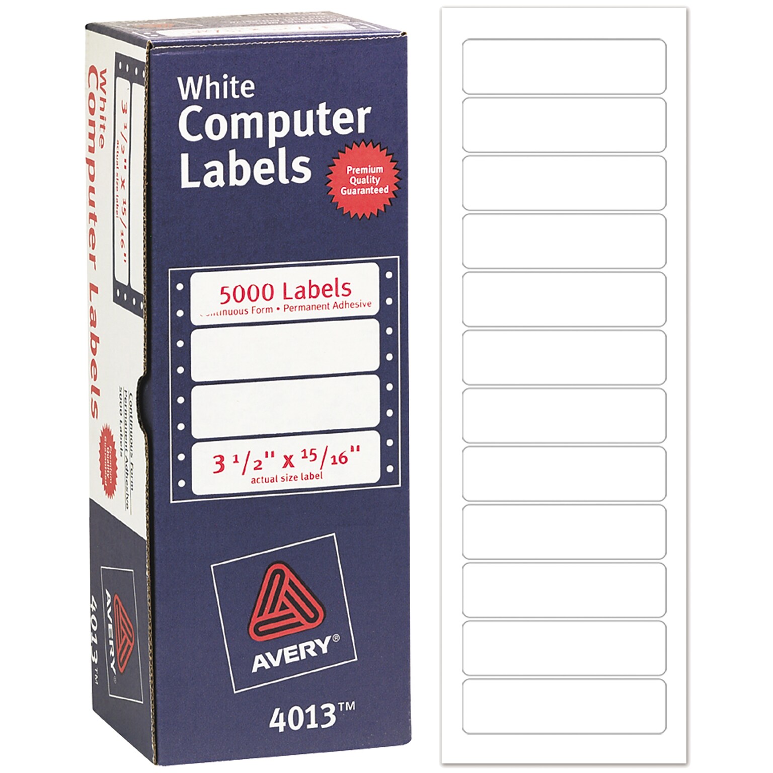 Avery Pin-Fed Continuous Form Computer Labels, 15/16 x 3 1/2, White, 1 Label Across, 4 1/4 Carrier, 5,000 Labels/Box (4013)