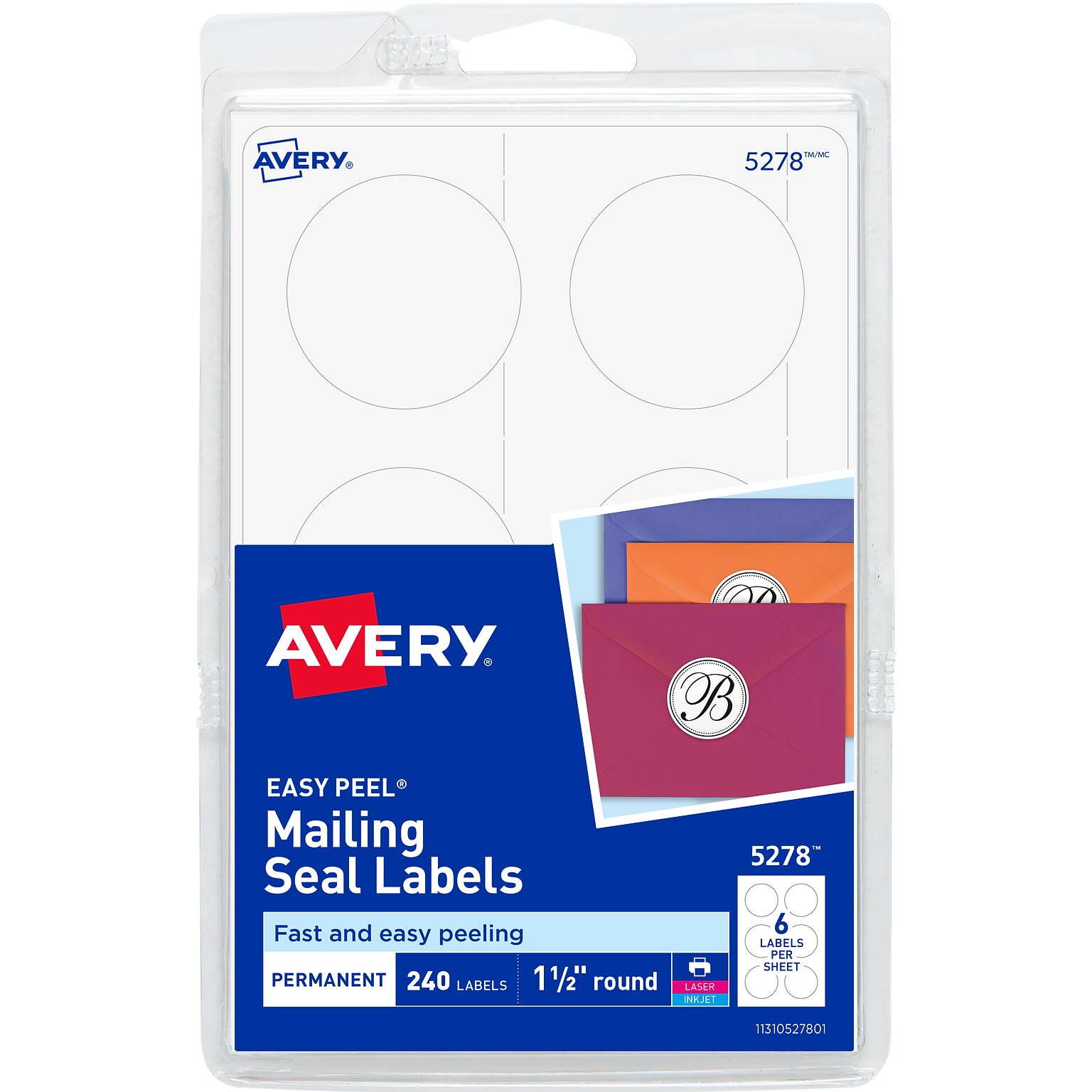 Avery Laser/Inkjet Mailing Seals, 1-1/2 Diameter, White, 6 Labels/Sheet, 40 Sheets/Pack, 240 Labels/Pack (5278)