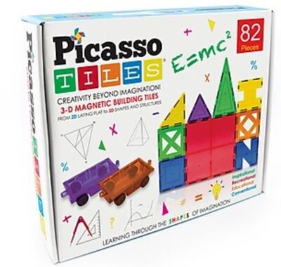 PicassoTiles, 82 pc Set Magnetic Blocks Plus 2 Cars (PT82)