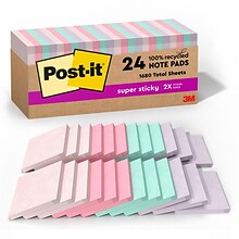 Post-it Recycled Super Sticky Notes, 3 x 3, Wanderlust Pastels Collection, 70 Sheet/Pad, 24 Pads/P