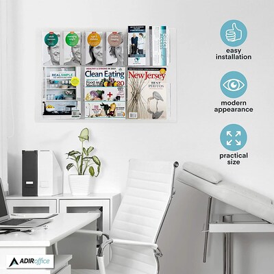 AdirOffice Wall Mounted Acrylic Magazine Rack with Adjustable Pockets, Clear, 2/Pack (640-2923-CLR-2PK)