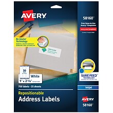 Avery Repositionable Inkjet Address Labels, 1 x 2-5/8, White, 30 Labels/Sheet, 25 Sheets/Pack (581
