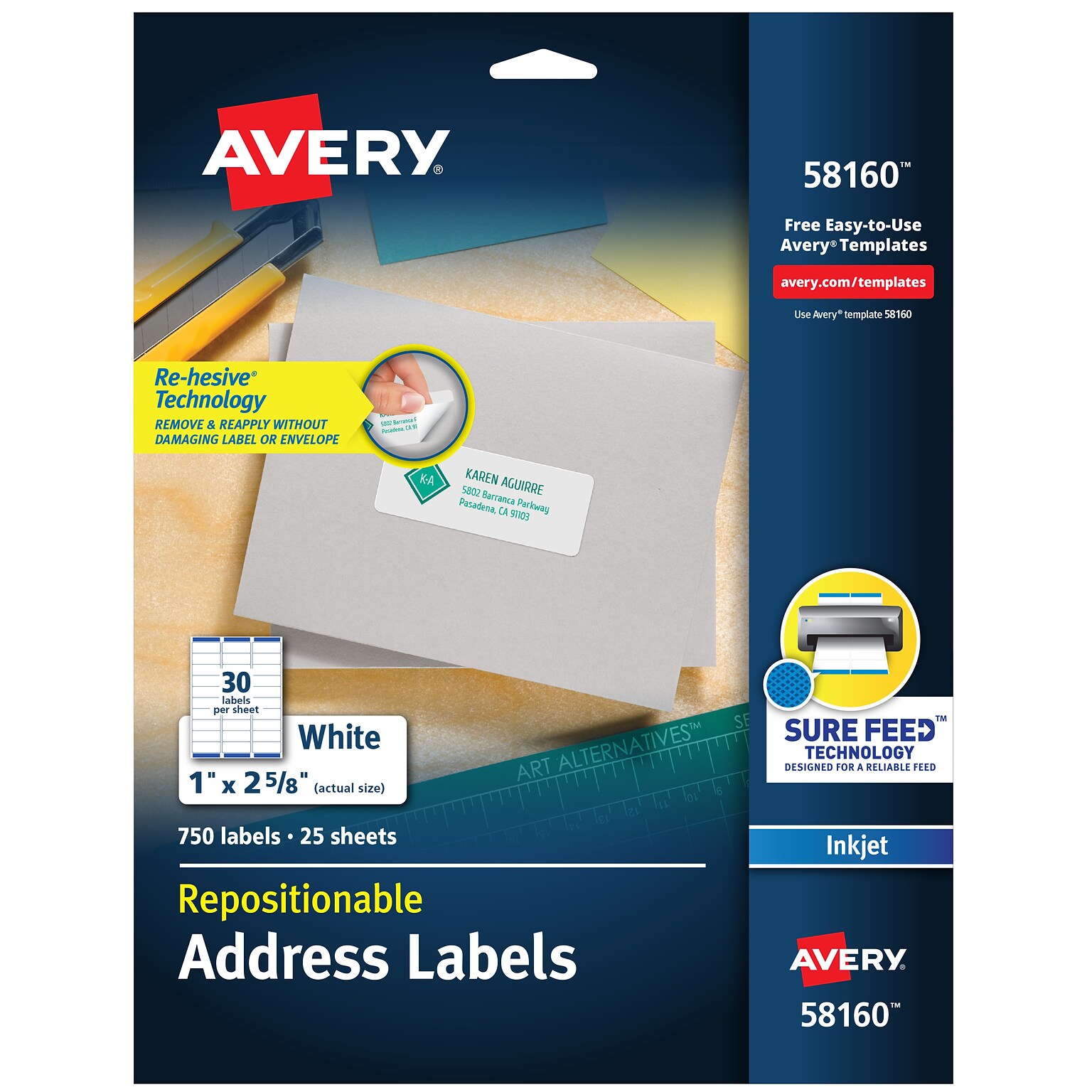 Avery Repositionable Inkjet Address Labels, 1 x 2-5/8, White, 30 Labels/Sheet, 25 Sheets/Pack (58160)