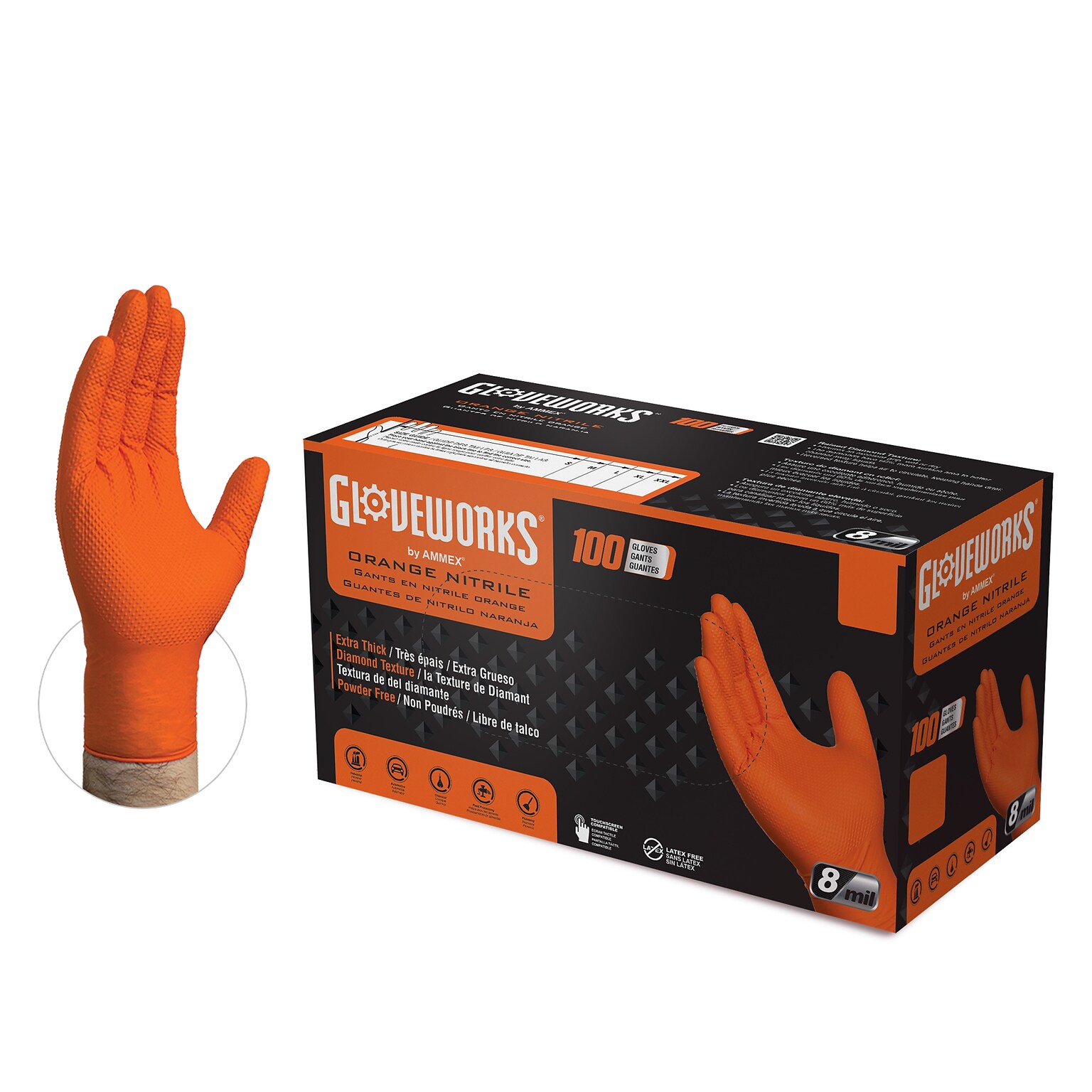 Gloveworks GWON Nitrile Gloves, XX-Large, Orange, 100/Box, 10 Boxes/Carton (GWON49100XX)