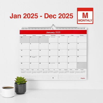 2025 Staples 15 x 12 Wall Calendar, Red/White (ST52080-25)