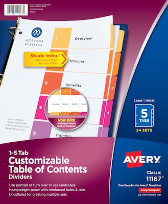 Avery Ready Index Table of Contents Paper Dividers, 1-5 Tabs, Multicolor, 24 Sets/Box (11167)