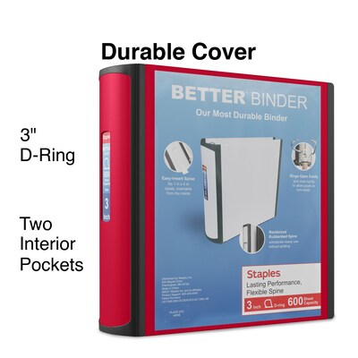 Staples® Better 3 3 Ring View Binder with D-Rings, Red (18367)