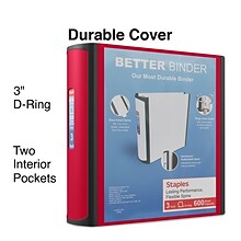 Staples® Better 3 3 Ring View Binder with D-Rings, Red (18367)