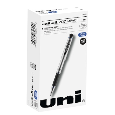 uni-ball 207 Impact Gel Pens, Bold Point, Blue Ink, 12/Pack (65801)