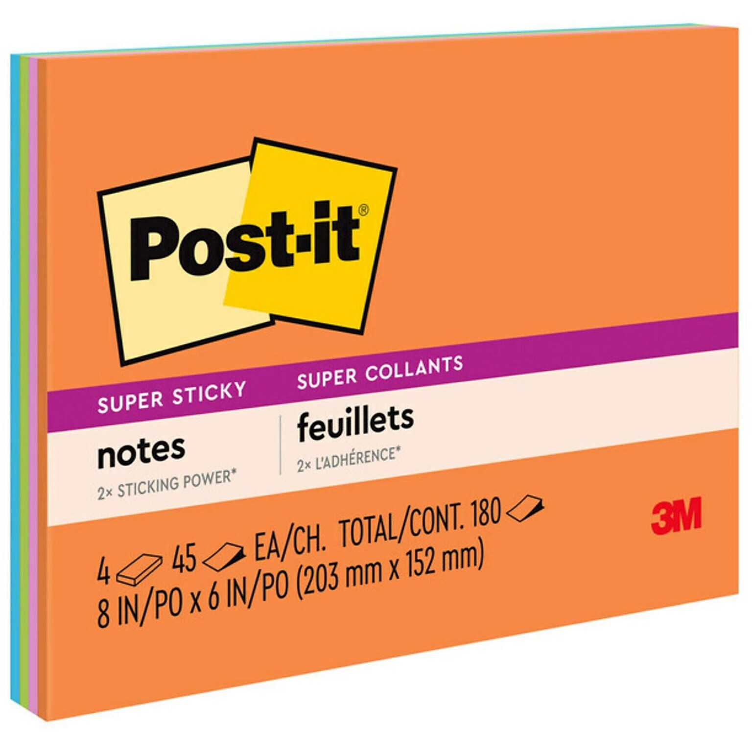 Post-it Super Sticky Notes, 8 x 6, Energy Boost Collection, 45 Sheet/Pad, 4 Pads/Pack (6845SSP)