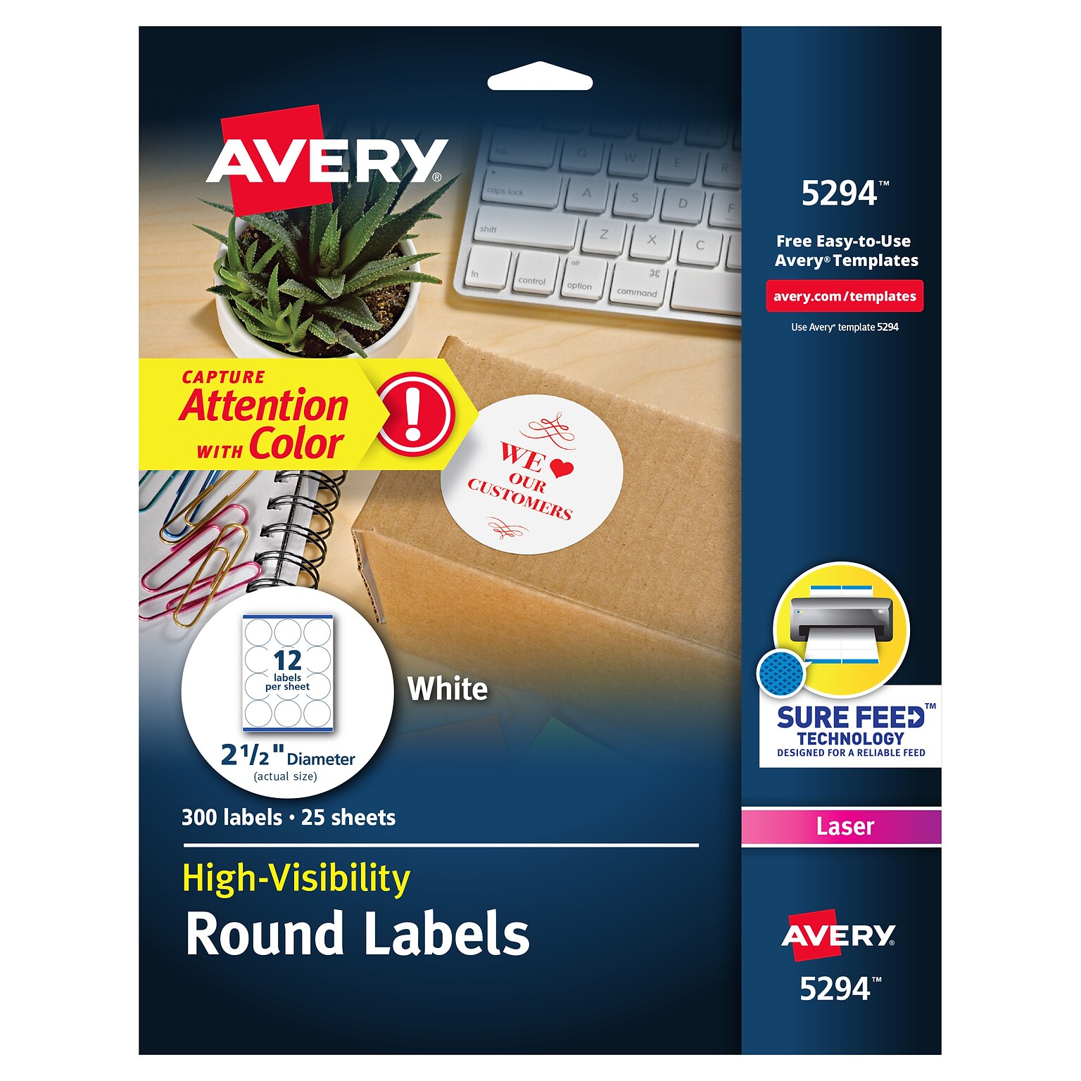Avery High Visibility Laser Shipping Labels, 2.5Dia., White, 300/Pack  (5294)