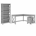 Bush Furniture Key West 60W L Shaped Desk with 2 Drawer Mobile File Cabinet and 5 Shelf Bookcase, C