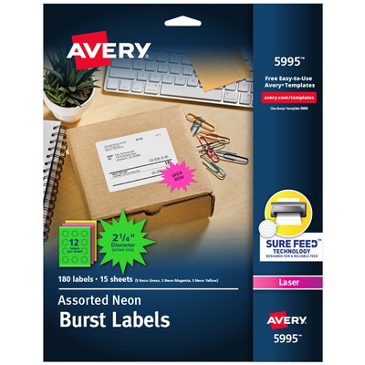 Avery Sure Feed Laser Burst Label, 2 1/4 Diameter, Assorted Neon, 12 Labels/Sheet, 15 Sheets/Pack (