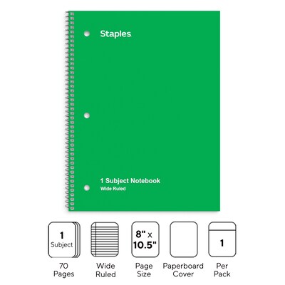 Staples 1-Subject Notebook, 8" x 10.5", Wide Ruled, 70 Sheets, Green (TR24006)