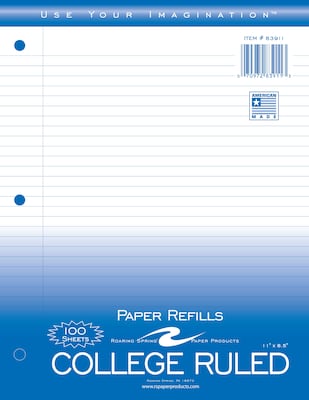 Roaring Spring Paper Products  College Ruled College Ruled Filler Paper, 8.5 x 11, 3-Hole Punched,