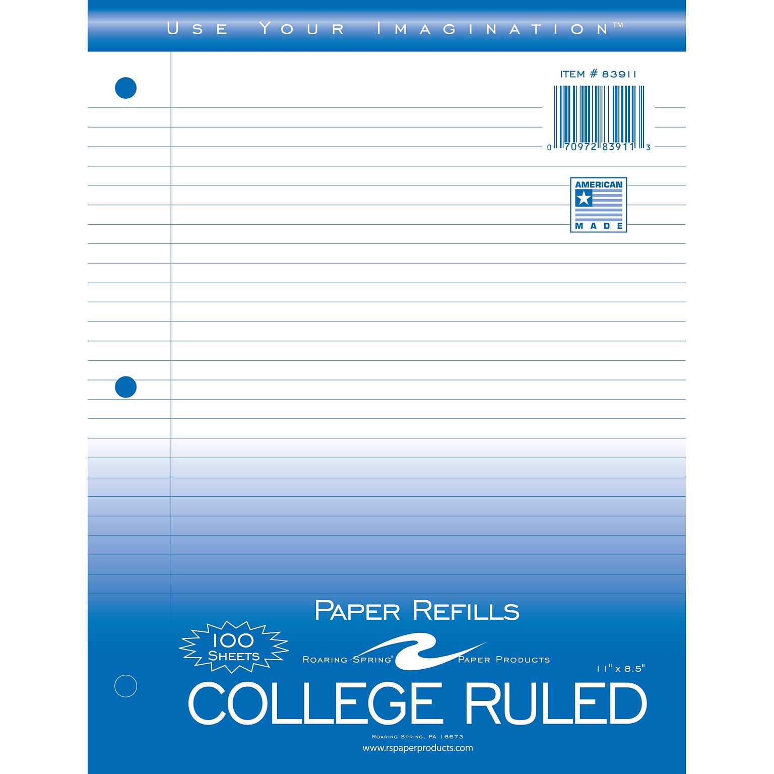 Roaring Spring Paper Products  College Ruled College Ruled Filler Paper, 8.5 x 11, 3-Hole Punched, 100 Sheets/Pack (83911)