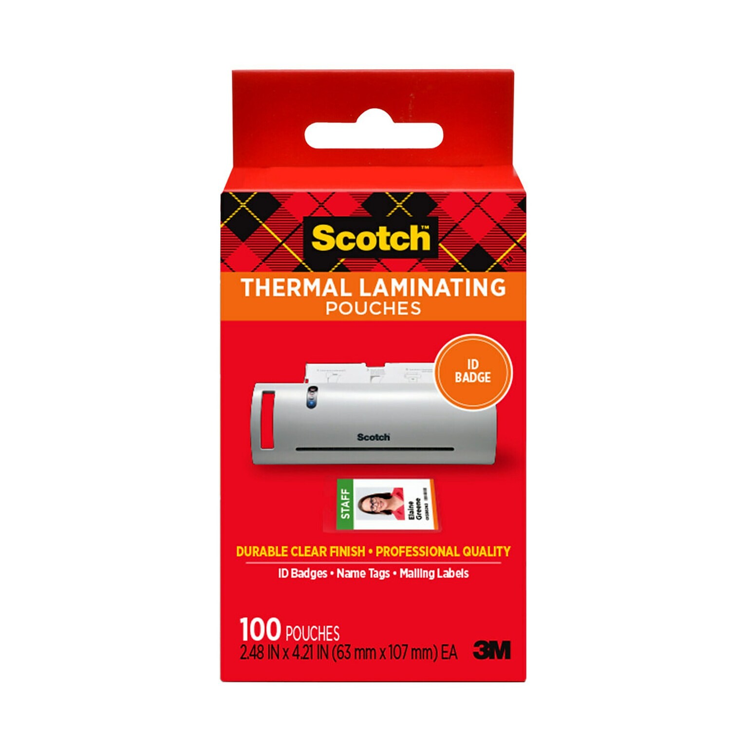 Scotch® ID Badge Size Thermal Laminating Pouches, 5 mil, Clear, 100/Pack (TP5852100)