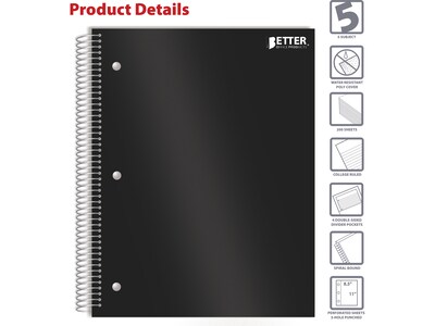 Better Office 5-Subject Subject Notebooks, 8.5 x 11, College Ruled, 200 Sheets, Black (25781)