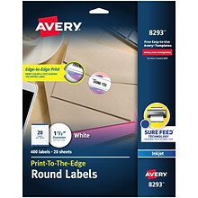 Avery Print-to-the-Edge Inkjet Round Labels, 1 1/2 Diameter, White, 20 Labels/Sheet, 20 Sheets/Pack