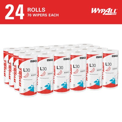 WypAll L30 Durable Fibers Wipers, White, 70 Wipers/Roll, 24 Rolls/Carton (05843)