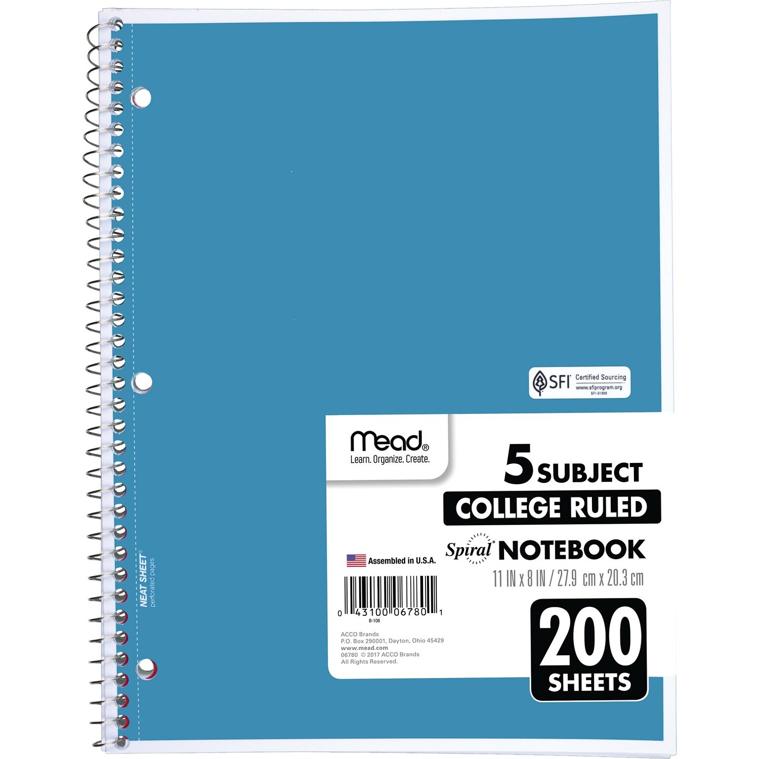 Mead 5-Subject Notebook, 8.5 x 11, College Ruled, 200 Sheets, Assorted Colors, Each (06780)