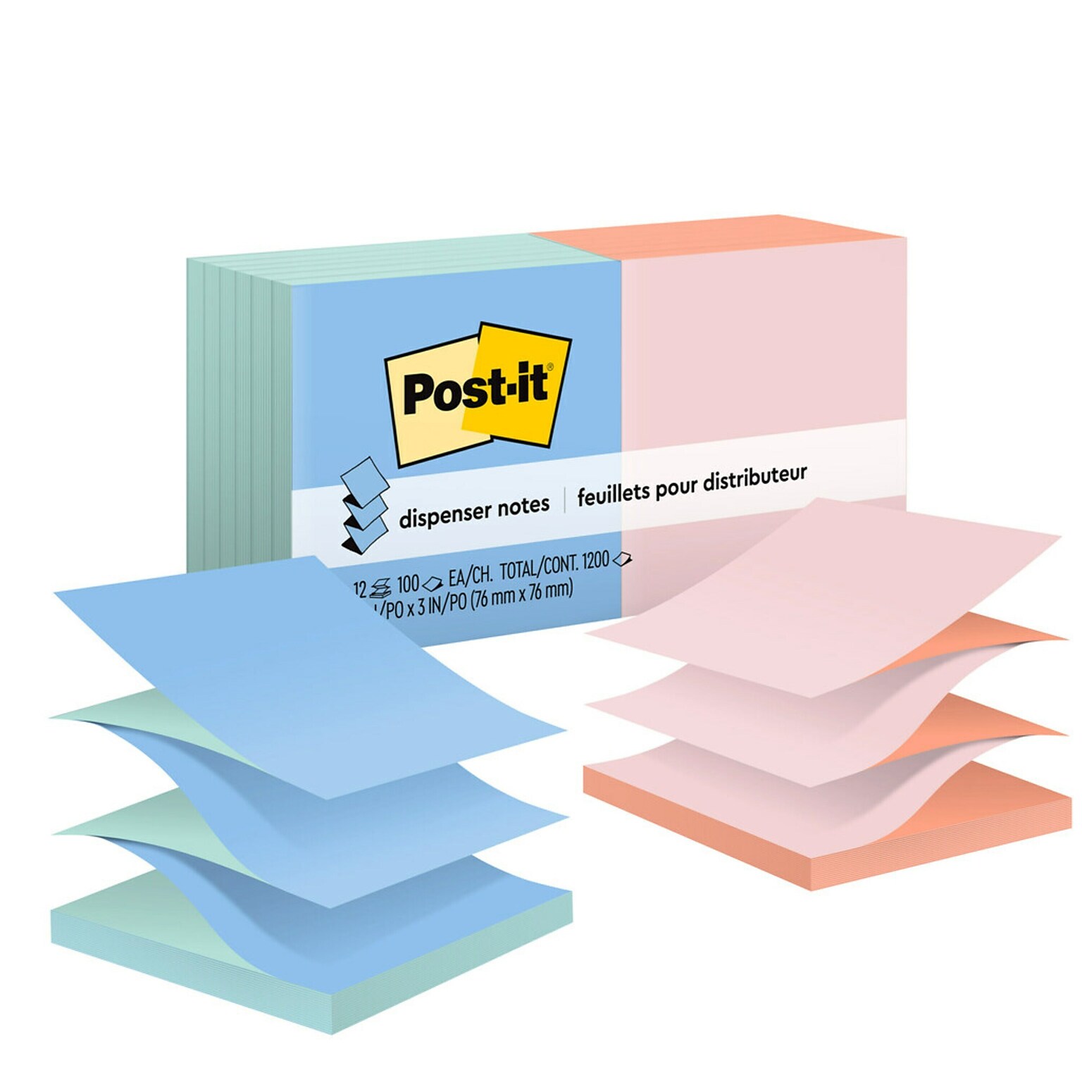 Post-it Pop Up Sticky Notes, 3 x 3 in., 12 Pads, 100 Sheets/Pad, The Original Post-it Note, Alternating Pastel Colors