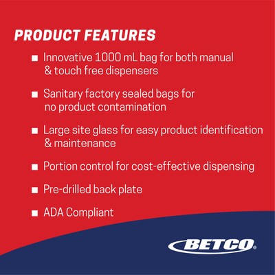 Betco Manual Lotion Hand Soap and Sanitizer Gel Dispenser, 1000mL., White (9181900)