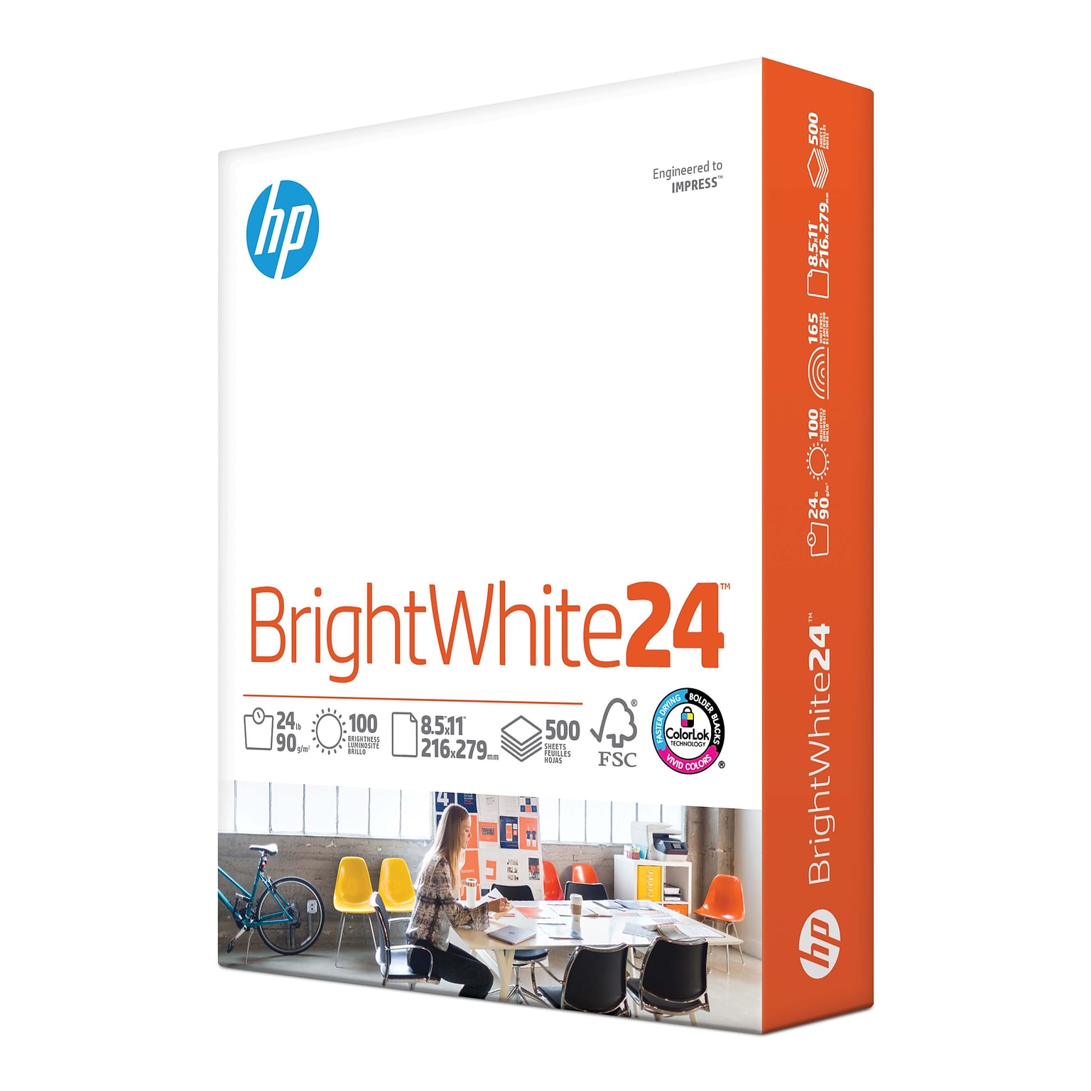 HP BrightWhite24 8.5 x 11 Inkjet Paper, 24 lbs., 100 Brightness, 500 Sheets/Ream (HPB1124)