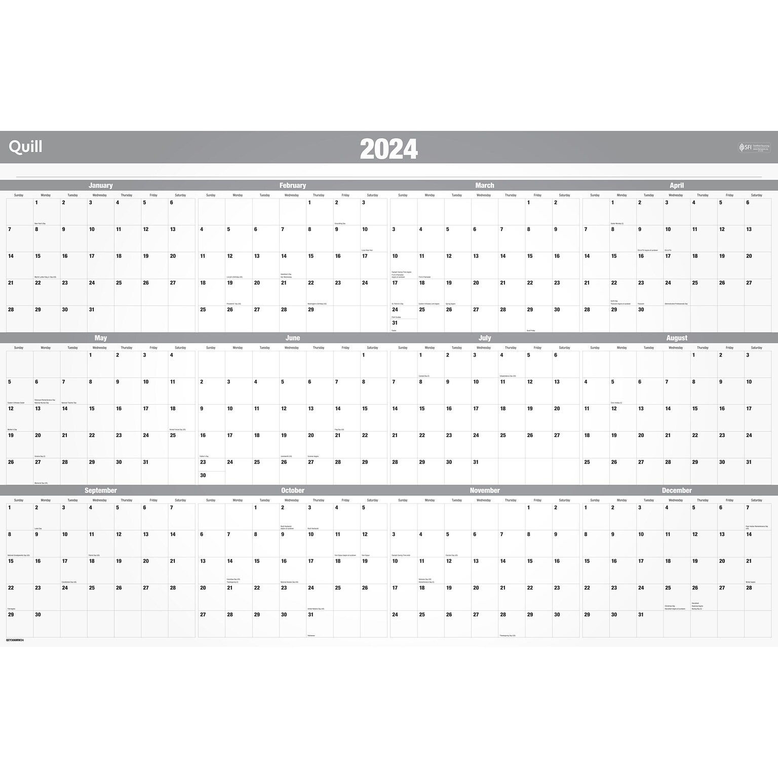 2024 Quill Brand® 32 x 48 Monthly Dry Erase Wall Calendar w/Marker, Reversible, Gray (5216724QCC)