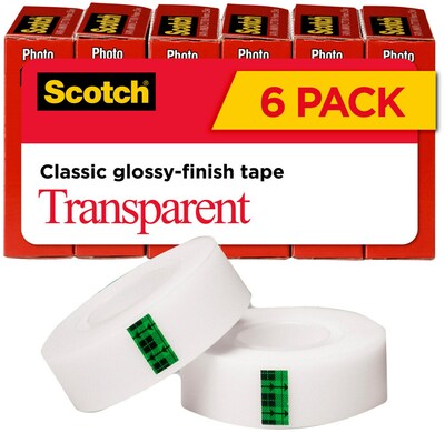 Scotch Transparent Tape, 3/4 x 27.77 yds., 1 Core, Clear, 6 Rolls/Pack (MMM600K6)