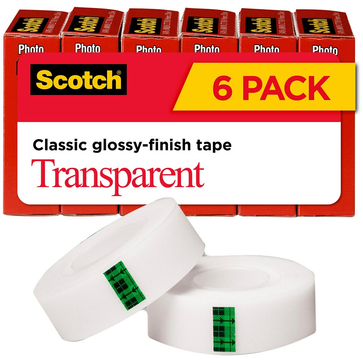 Scotch Transparent Tape, 3/4 x 27.77 yds., 1 Core, Clear, 6 Rolls/Pack (MMM600K6)