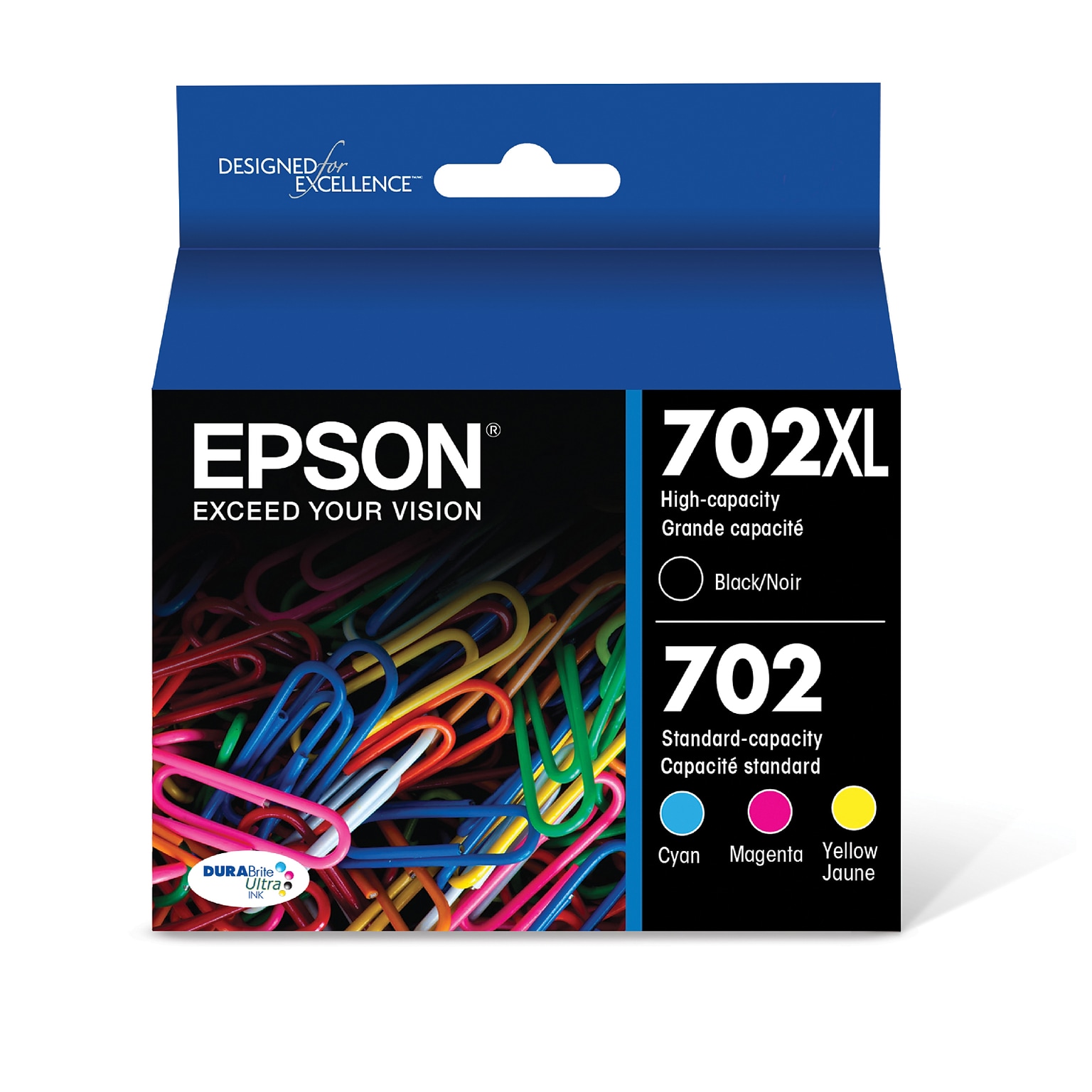 Epson T702XL/T702 Black High Yield and Cyan/Magenta/Yellow Standard Yield Ink Cartridge, 4/Pack   (T702XL-BCS)