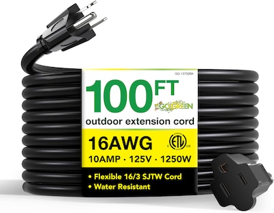 GoGreen Power 100 Indoor/Outdoor Extension Cord, 16 AWG, Black (GG-13700BK)