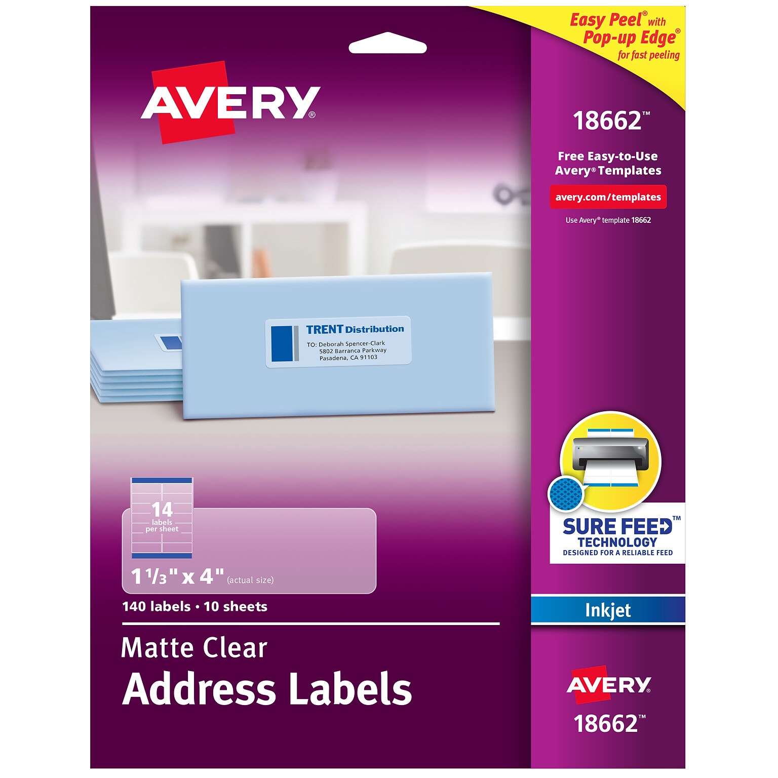Avery Easy Peel Inkjet Address Labels, 1-1/3 x 4, Clear, 14 Labels/Sheet, 10 Sheets/Pack (18662)