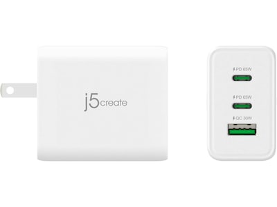j5create 65W GaN USB-C 3-Port Charger for Laptops, Tablets and Mobile Devices, White (JUP3365)
