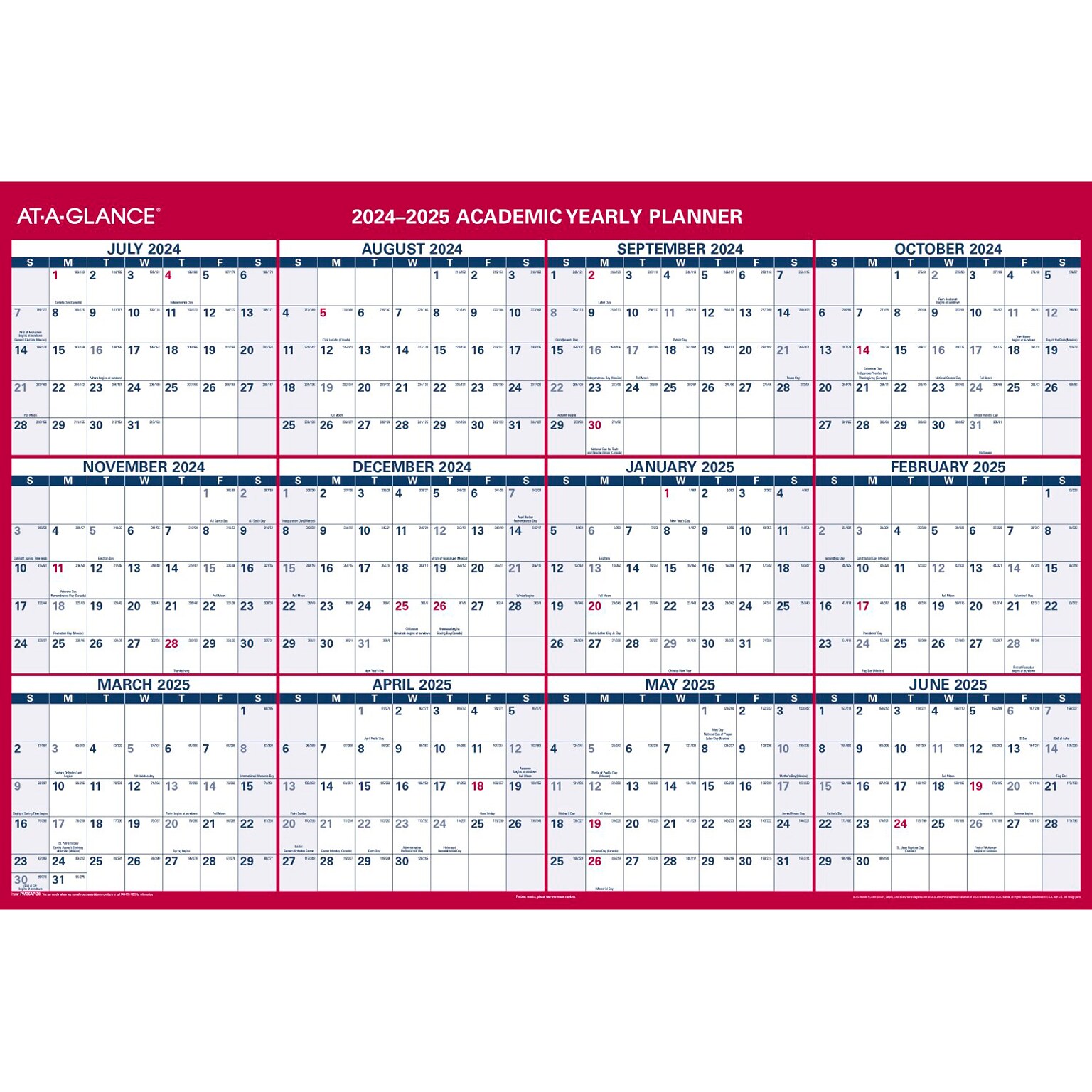 2024-2025 AT-A-GLANCE 48 x 32 Academic Yearly Wet-Erase Wall Calendar, Reversible, White/Red (PM36AP-28-25)