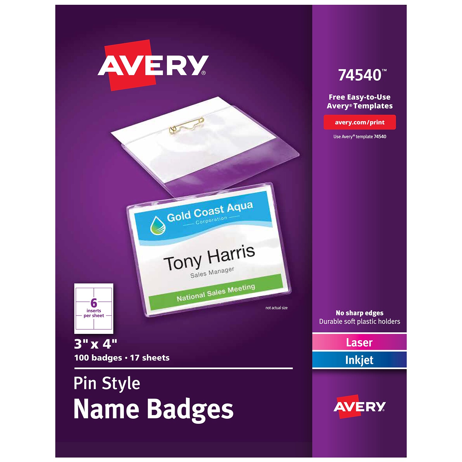 Avery Pin Style Laser/Inkjet Name Badge Kit, 3 x 4, Clear Holders with White Inserts, 100/Box (74540)