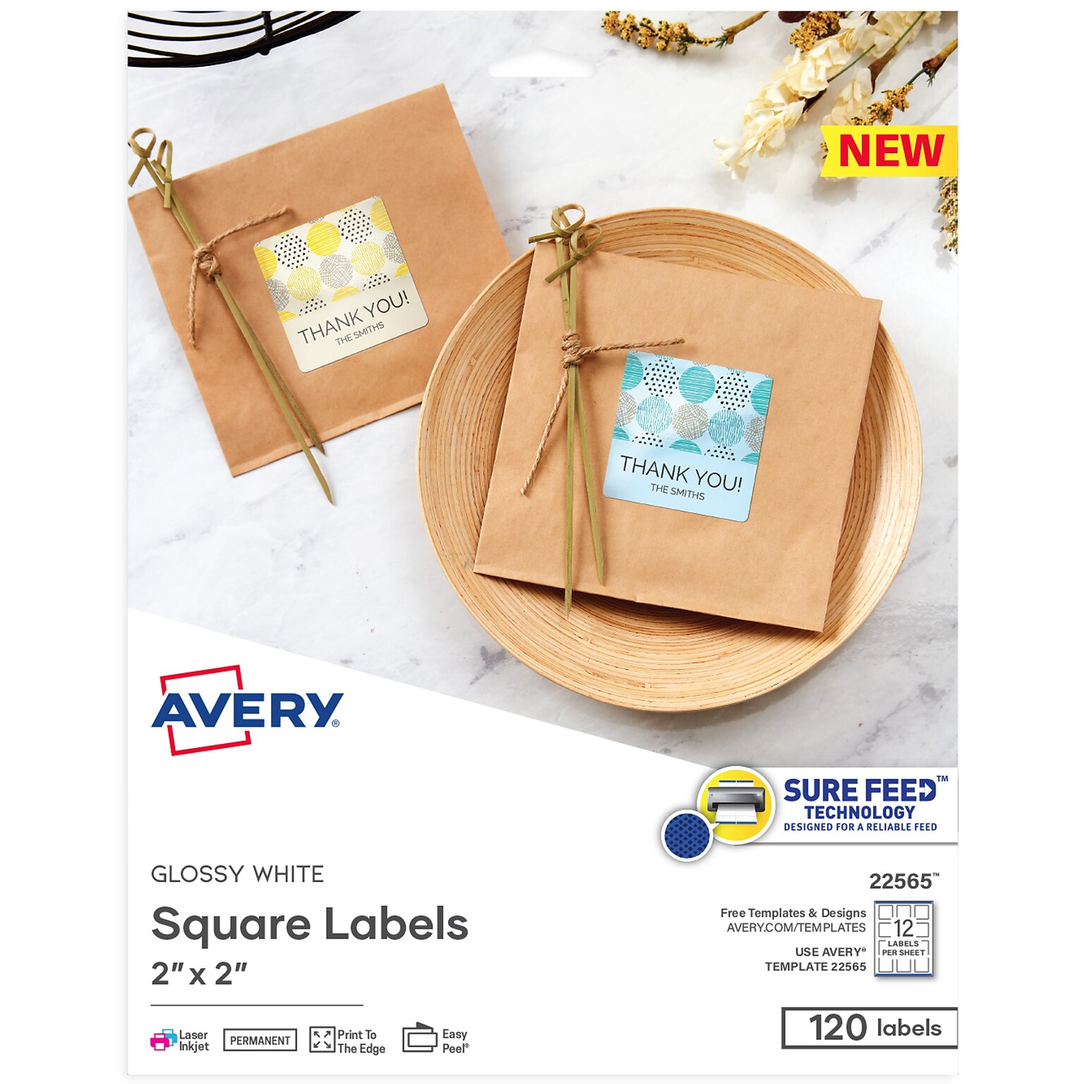 Avery Print-to-the-Edge Laser/Inkjet Labels, 2 x 2, Glossy White, 12 Labels/Sheet, 10 Sheets/Pack, 120 Labels/Pack (22565)