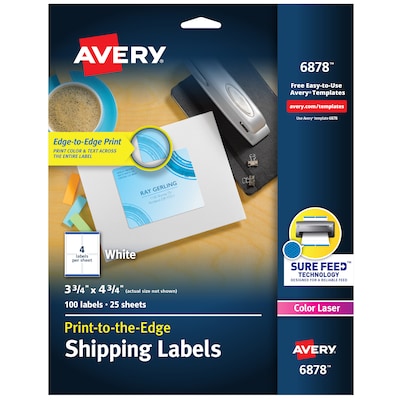 Avery Print-to-the-Edge Laser Shipping Labels, 3-3/4 x 4-3/4, White, 4 Labels/Sheet, 25 Sheets/Pac