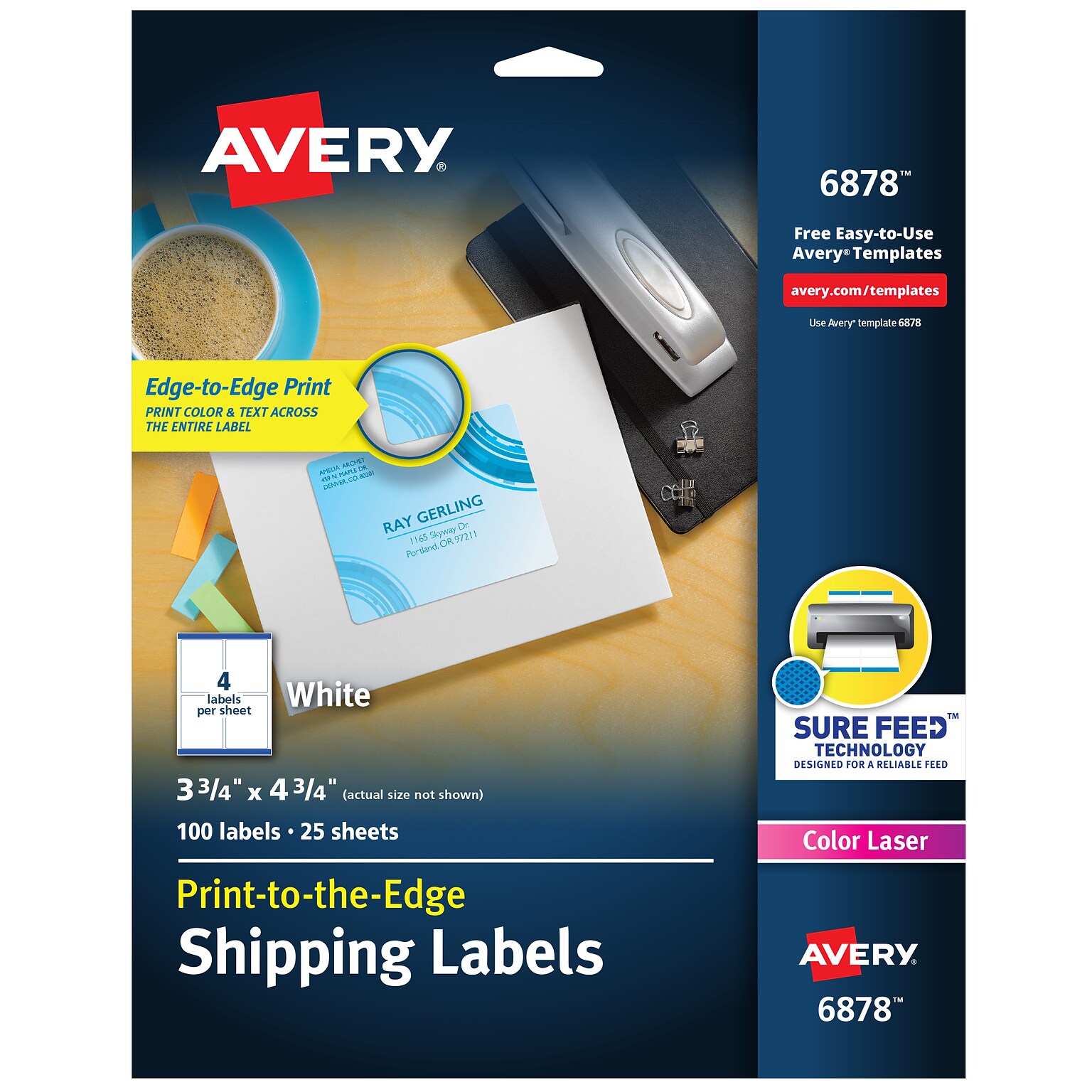 Avery Print-to-the-Edge Laser Shipping Labels, 3-3/4 x 4-3/4, White, 4 Labels/Sheet, 25 Sheets/Pack   (6878)