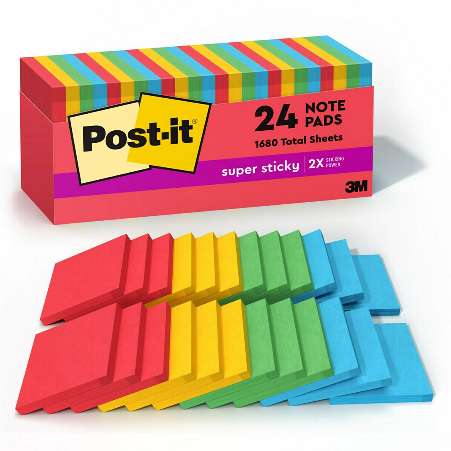 Post-it Super Sticky Notes, 3 x 3, Playful Primaries Collection, 70 Sheet/Pad, 24 Pads/Pack (65424SSANCP)
