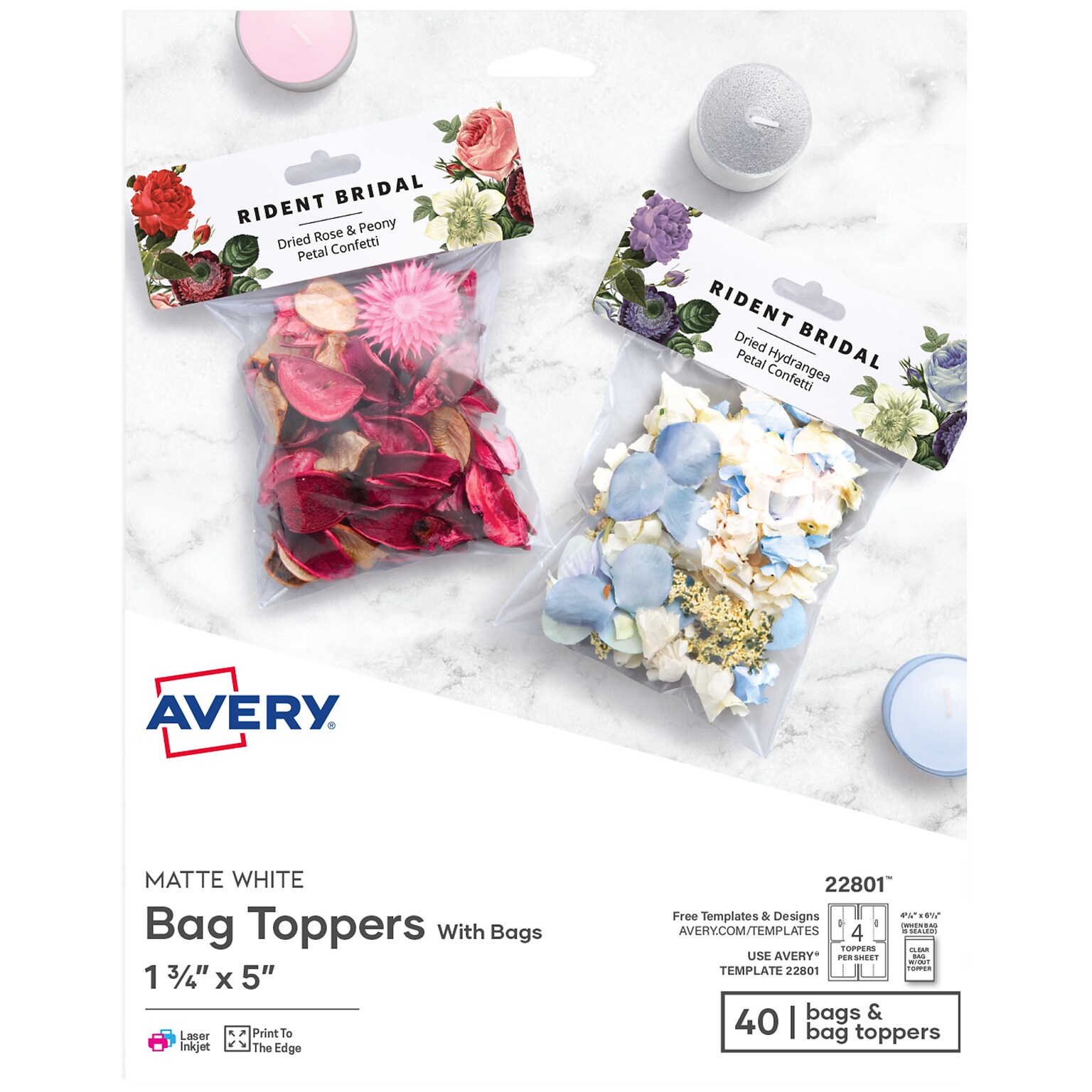 Avery Laser/Inkjet Adhesive Bag Toppers, 1 3/4 x 5, White, 4 Labels/Sheet, 10 Sheets/Pack, 40 Labels & Bags/Pack (22801)