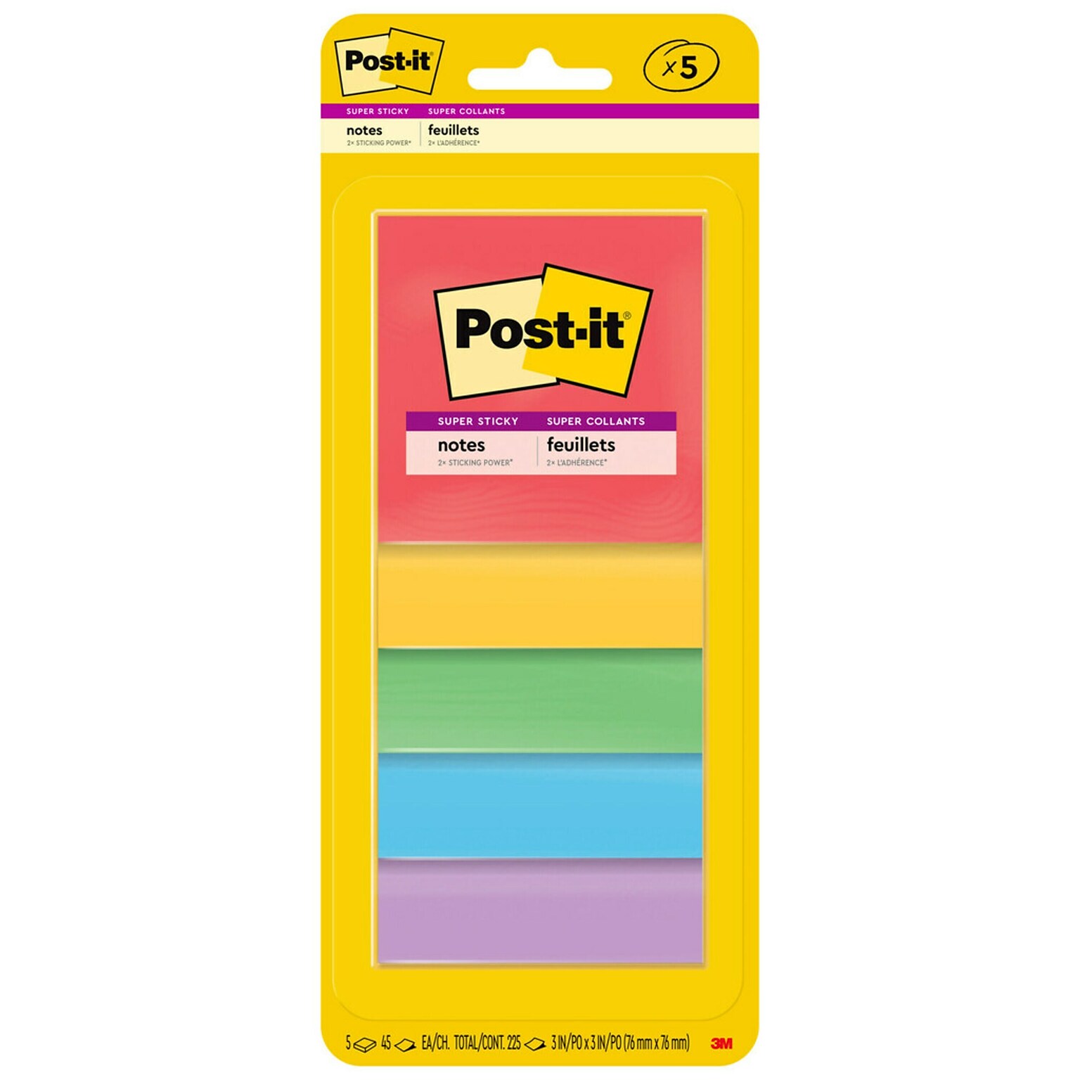 Post-it Super Sticky Notes, 3 x 3, Playful Primaries Collection, 45 Sheet/Pad, 5 Pads/Pack (3321-5SSAN)