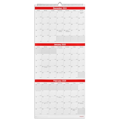 2025 Staples 12 x 27 Wall Calendar, Red/White (ST53920-25)