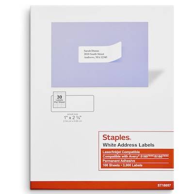 Staples® Laser/Inkjet Address Labels, 1 x 2 5/8, White, 30 Labels/Sheet, 100 Sheets/Pack, 3000 Lab