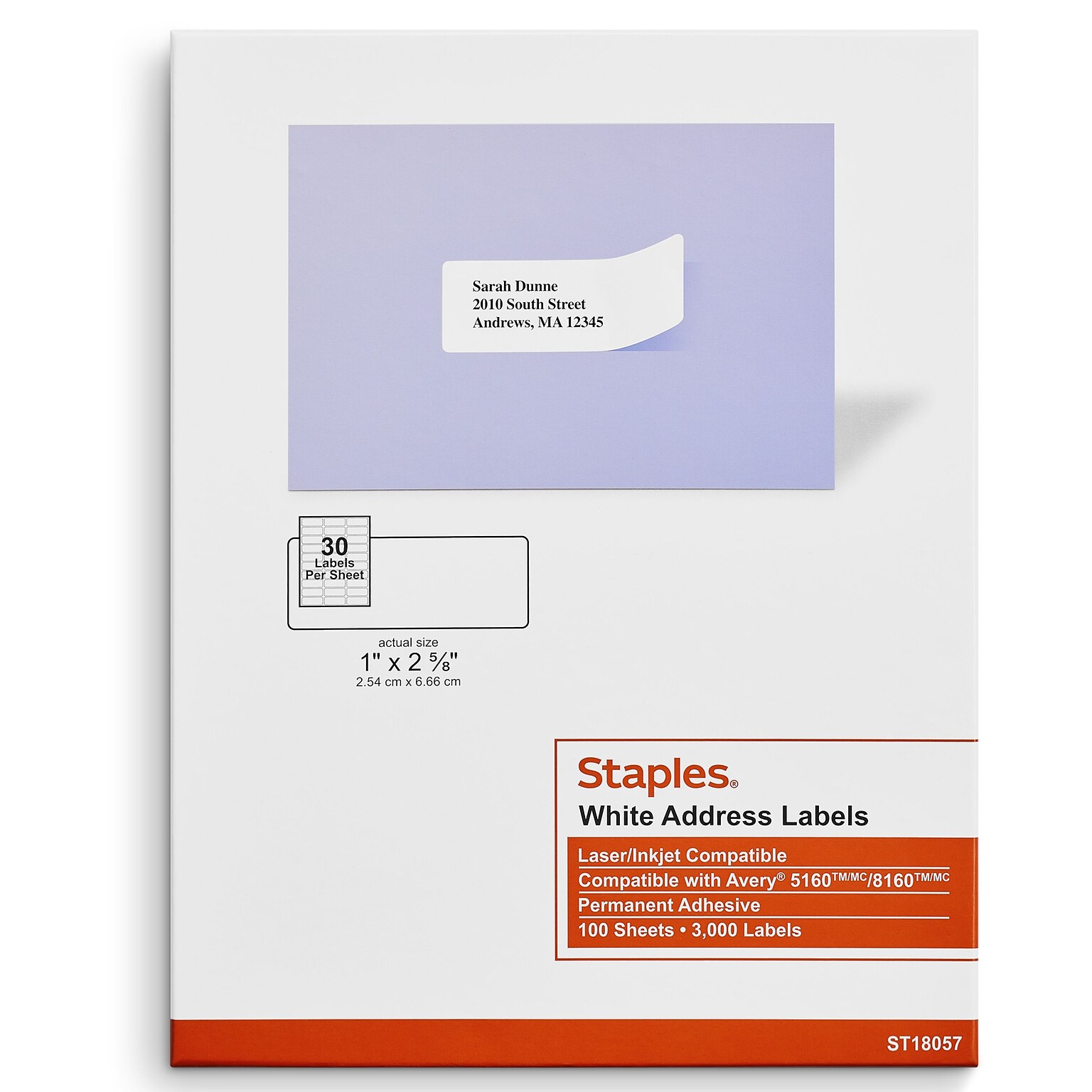 Staples® Laser/Inkjet Address Labels, 1 x 2 5/8, White, 30 Labels/Sheet, 100 Sheets/Pack, 3000 Labels/Box (ST18057-CC)