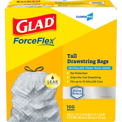 CloroxPro Glad ForceFlex 13 Gallon Tall Kitchen Trash Bag, 23.75 x 24.88, Low Density, .72 mil, Gr