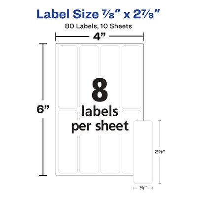 Avery Erasable Multiuse Removable Labels, 7/8" x 2-7/8", White, 8 Labels/Sheet, 10 Sheets/Pack, 80 Labels/Pack (5429)