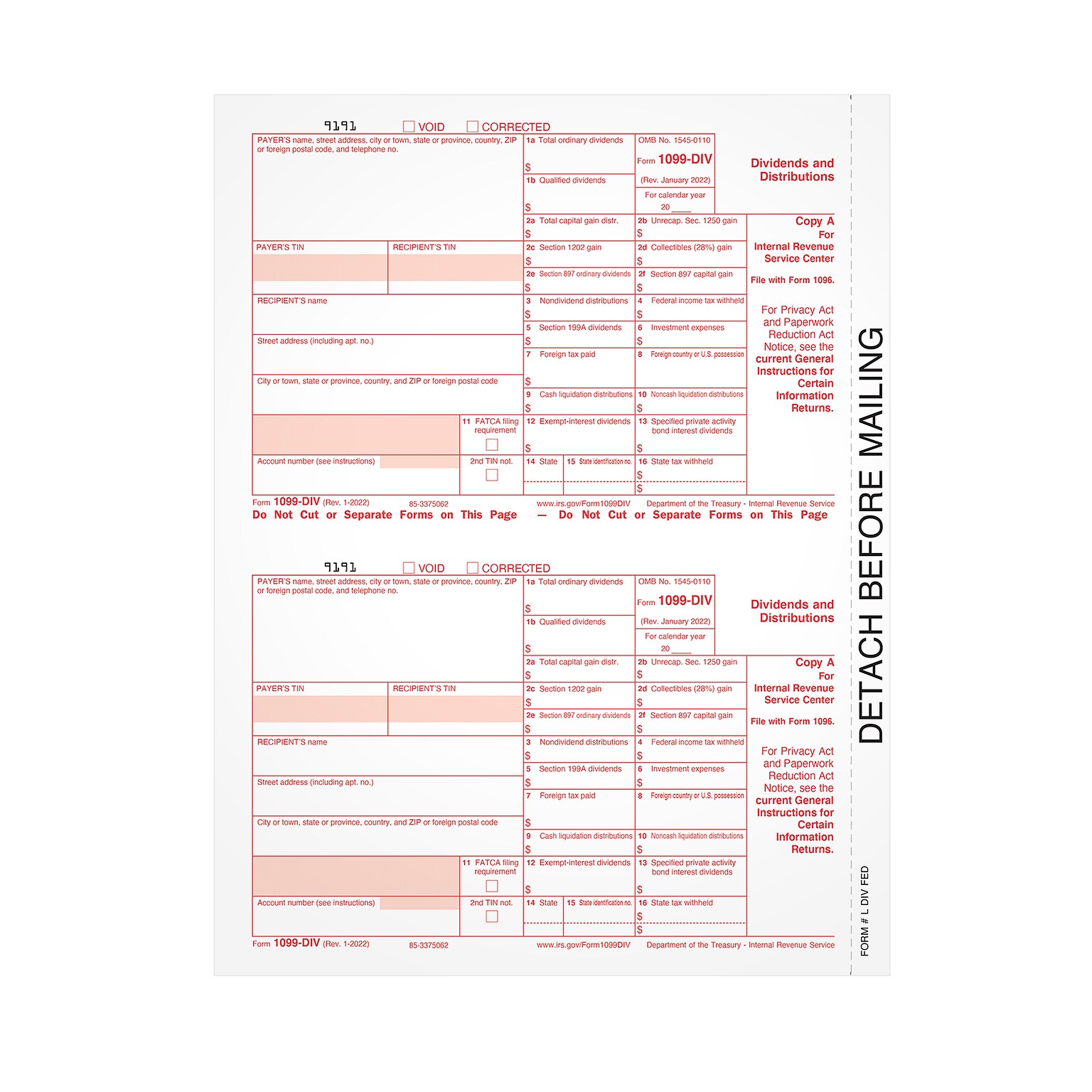 TOPS 2023 1099-DIV Tax Form, 1-Part, Federal Copy A, 100/Pack (LDIVFED16)