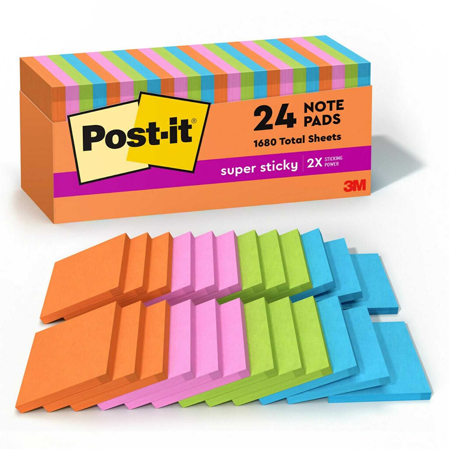 Post-it Super Sticky Notes, 3 x 3 in., 24 Pads, 70 Sheets/Pad, 2x the Sticking Power, Energy Boost Collection